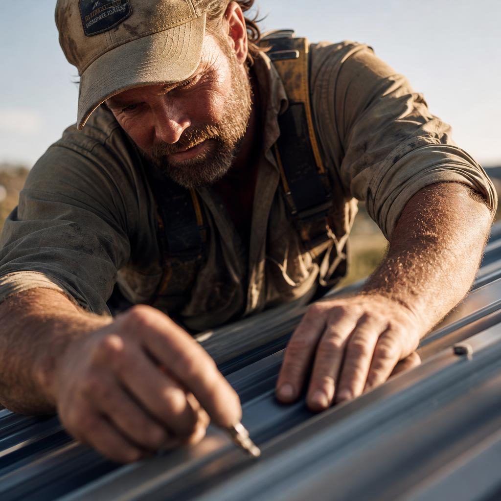 Roofer installing metal sheeting